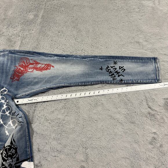 Crysp Denim Jeans Mens 42 Graffiti Art Graphic Distressed Pants Written Indigo 4 - Picture 16 of 16